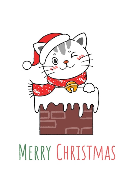 煙突のかわいい手描きのクリスマスキティ猫