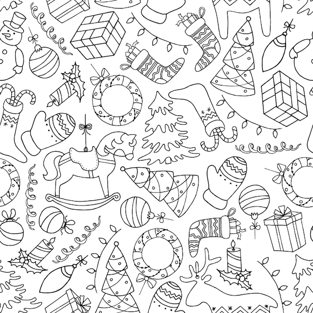 Vector cute hand drawn christmas seamless pattern in doodle style.