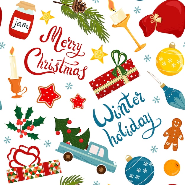 Cute hand drawn Christmas seamless pattern with lettering Christmas decorations vector background