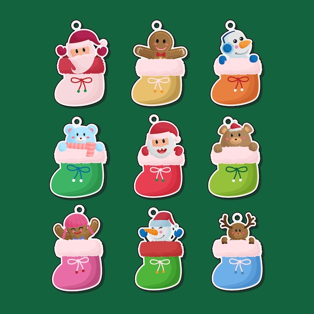 Cute hand drawn Christmas socks stickers label ornaments collections