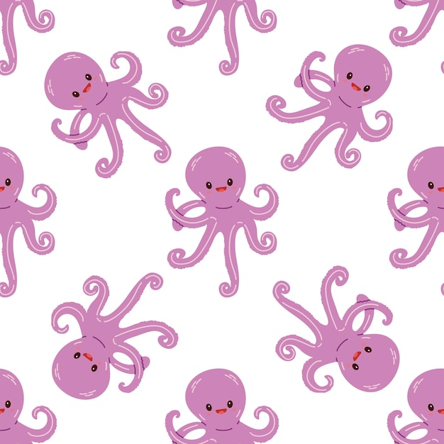 Vector cute hand drawn colored octopus seamless pattern in flat style ocean aquatic underwater kawaii