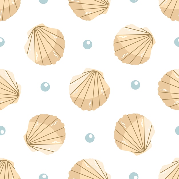 Vector cute hand drawn colored saltwater scallop seashell seamless pattern