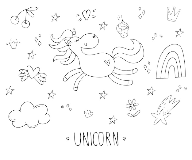 Pagina da colorare disegnata a mano carina con unicorno di carattere