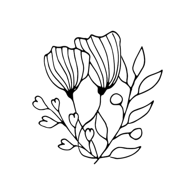 Composizione disegnata a mano sveglia con l'illustrazione di vettore di scarabocchio dei fiori per la progettazione di nozze