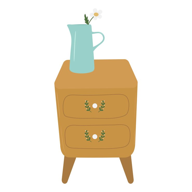 Vector cute hand drawn country nightstand with metal milk jug on top vector illustration