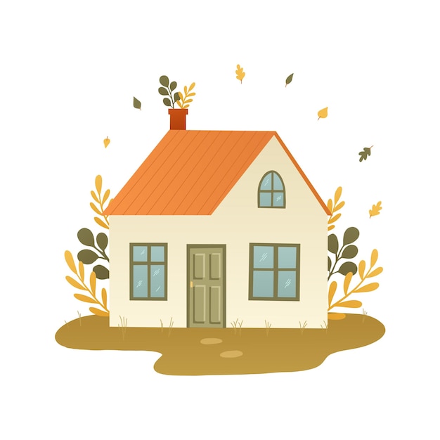 cute hand drawn countryside cottage, village house decorated with falling leaves and floral elements