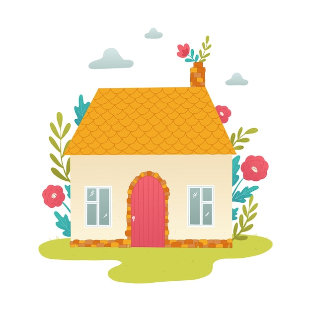 cute hand drawn countryside house decorated with flowers and leaves