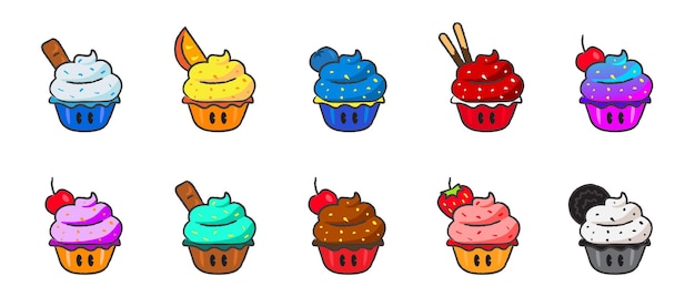 Set di illustratori vettoriali di cupcakes disegnati a mano carino