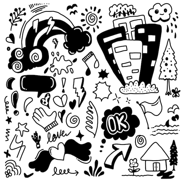 Cute hand drawn doodle set for design elements.