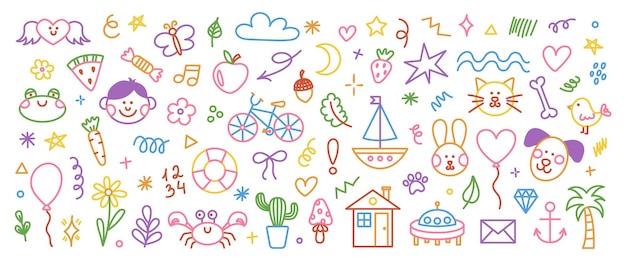 Vector cute hand drawn doodle set of simple kids decorative elements colorful collection of scribble animal