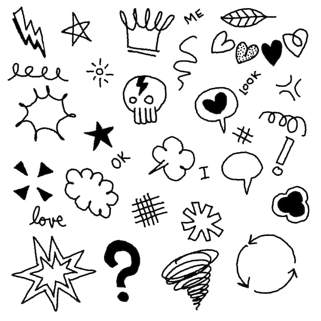 Carino disegnato a mano doodle vector set amore cranio tuono nuvola meteo corona neve cuore e design creativo collezione vettoriale