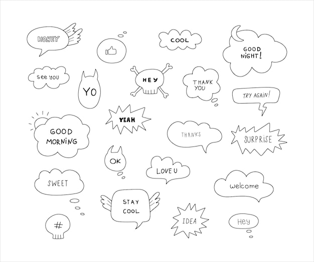 Cute hand drawn doodle vector set speech bubbles with dialog words hey surprise welcome idea honey