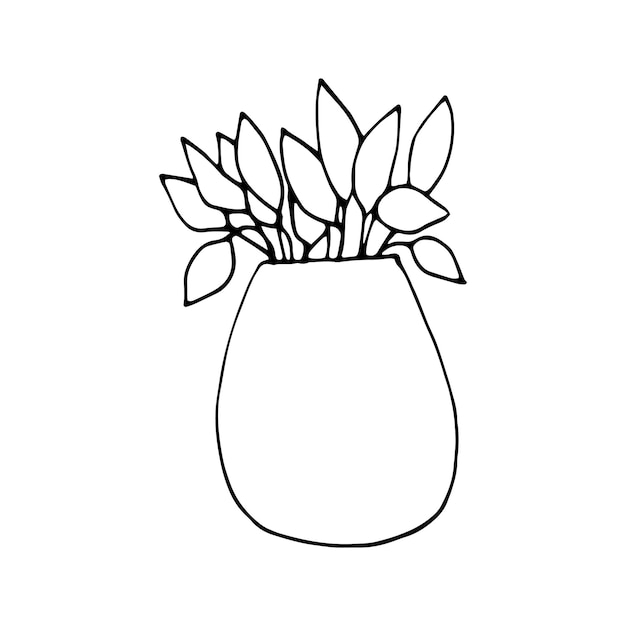 Flower in pot, black line sketch on a white background. Vector drawing  lines Illustration #220540672