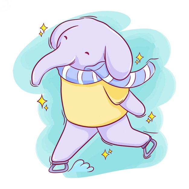 Cute hand drawn elephant playing ice skating