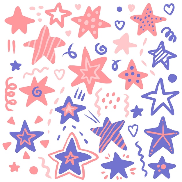 Cute hand drawn fantasy stars shapes set vector illustration