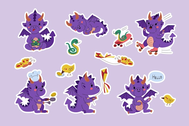 Vector cute hand drawn flat dragon kids sticker set