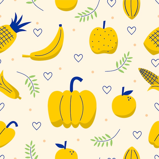 Cute hand drawn fruit pattern tropical food texture in childish style for printing fabrics wallpaper menu and covers Banana pineapple pear apple lemon cherry sttrawberry dragon fruit