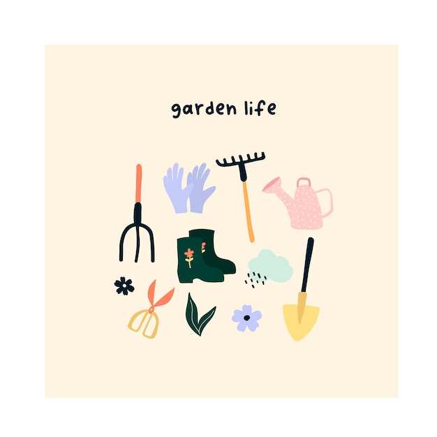 Cute hand drawn garden tools shovel, rake, scissors, rubber boots, watering can.