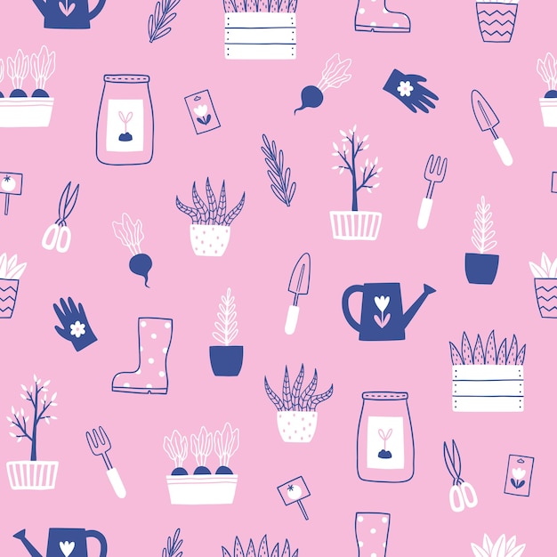 Cute hand drawn gardening seamless pattern.