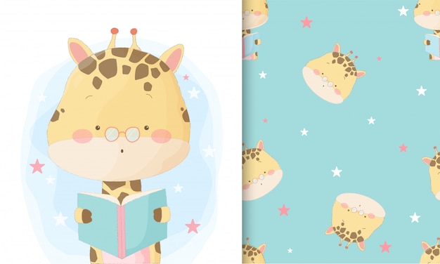 Cute hand drawn giraffe reading book with seamless pattern set