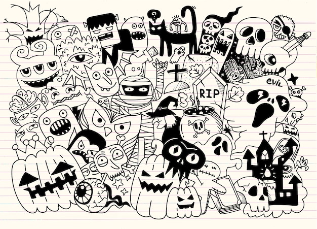 Doodles di halloween disegnato a mano sveglio, illustrazione