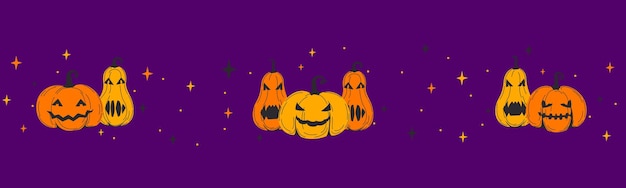 Cute hand drawn Halloween pattern colorful doodle background with pumpkins purple banner