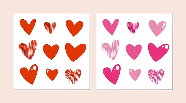 Simpatica collezione di cuori disegnati a mano per san valentino delicati cuori rosa e rossi