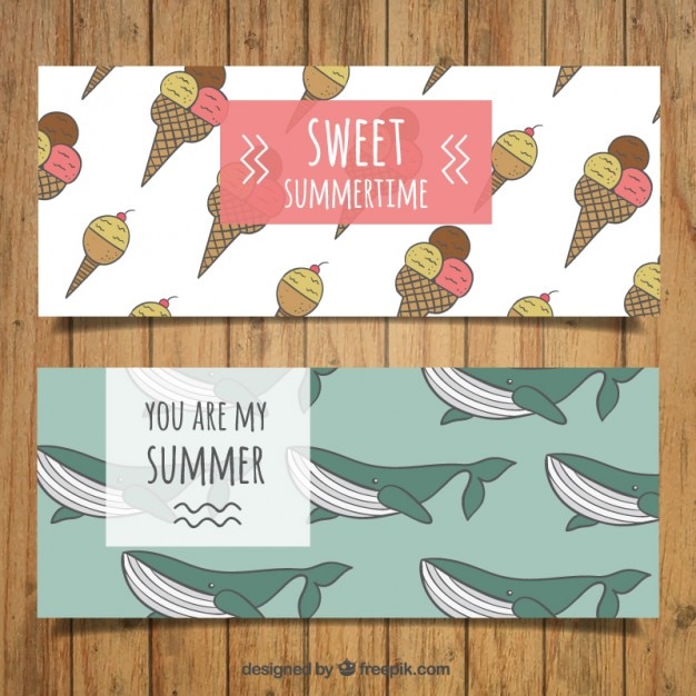 Cute hand drawn ice-creams and whales banners