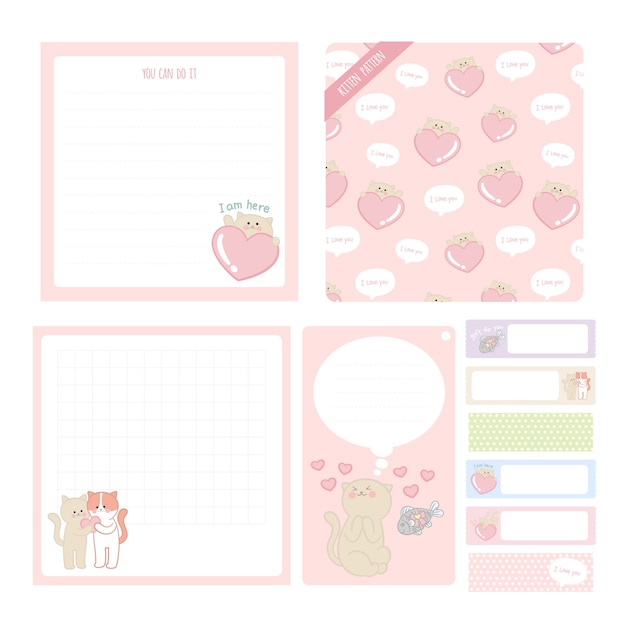 Vector cute hand drawn  illustration sticky notes, tag, stickers kitten collection