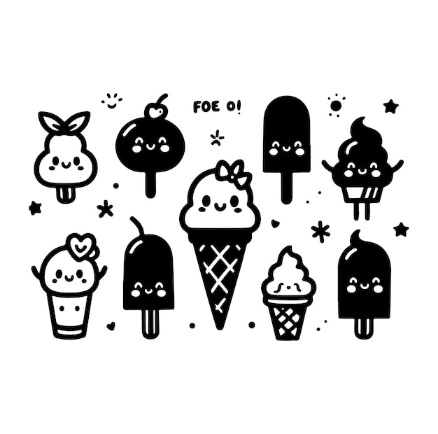 Cute hand drawn kawaii cartoon characters ice cream with smiling faces fun happy doodles for kids