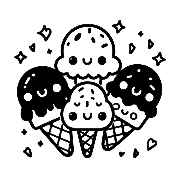 Cute hand drawn kawaii cartoon characters ice cream with smiling faces fun happy doodles for kids
