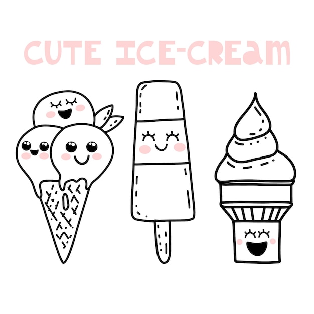 Simpatici personaggi dei cartoni animati kawaii disegnati a mano gelato con facce sorridenti divertenti scarabocchi felici per i bambini