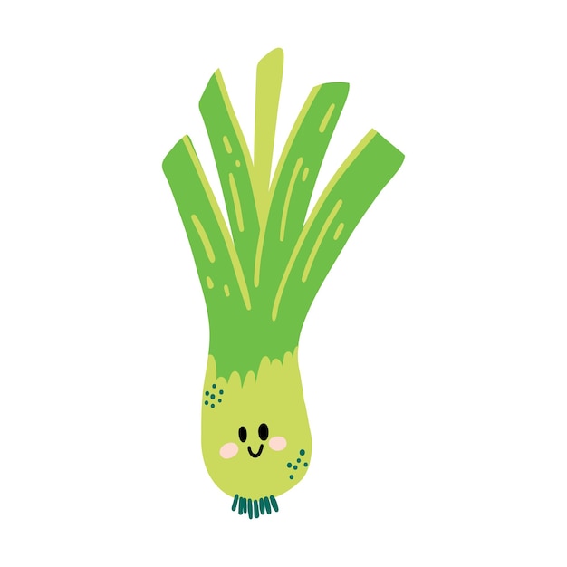 Cute hand drawn leek smiling Kawaii funny vegetable character for kids