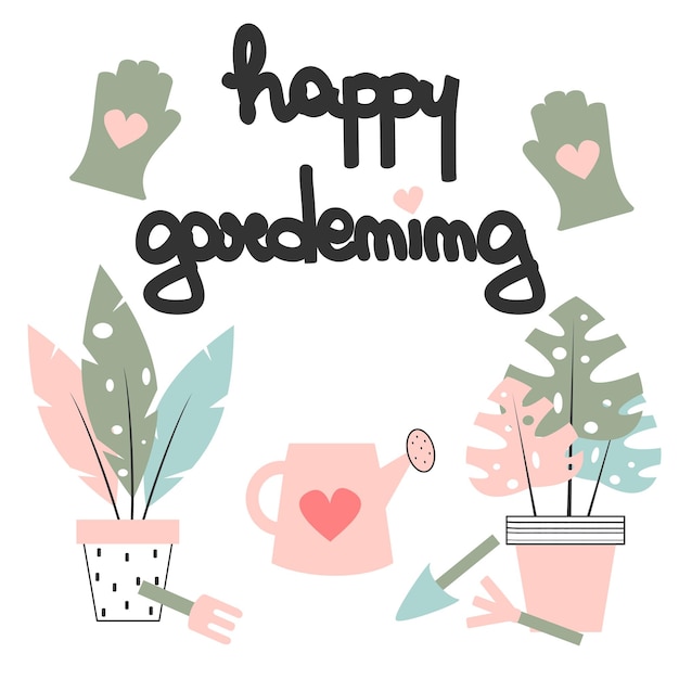 Cute hand drawn lettering happy gardening quote with garden tools vector card