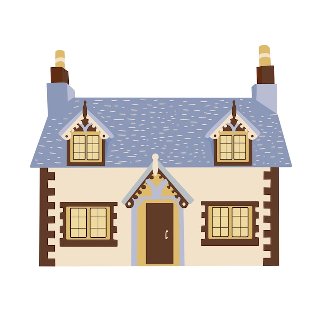 Вектор Симпатичный нарисованный вручную маленький загородный дом с дверными окнами деревенский коттедж doodle цветная плоская векторная иллюстрация на белом фоне