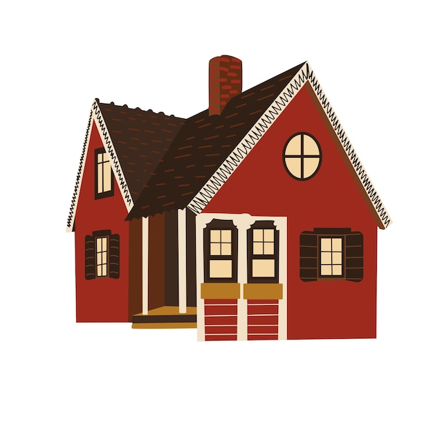 Cute hand drawn little country house with door windows Exterior of home with chimney Doodle village cottage Colored flat vector illustration isolated on white background