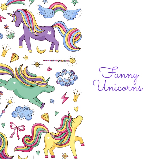 Unicorni magici disegnati a mano e sfondo di stelle con posto per testo