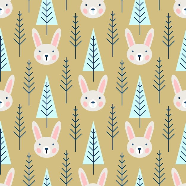 Cute hand drawn nursery seamless pattern with wild animals hare and trees in scandinavian style