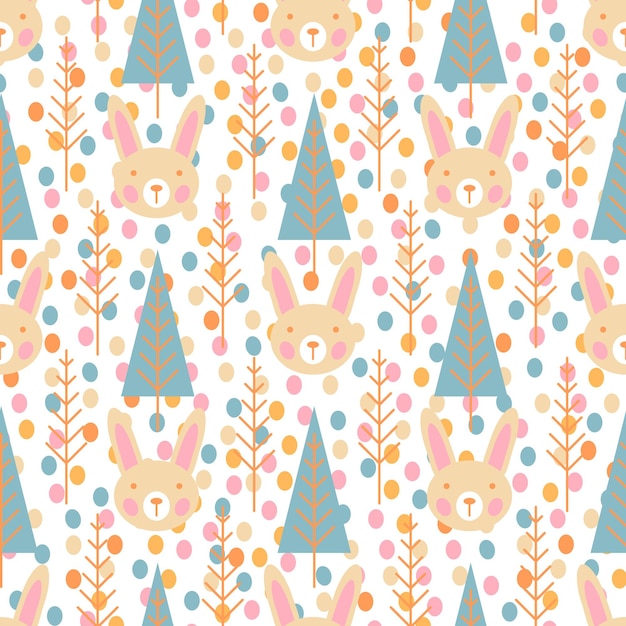 Cute hand drawn nursery seamless pattern with wild animals hare and trees in scandinavian style