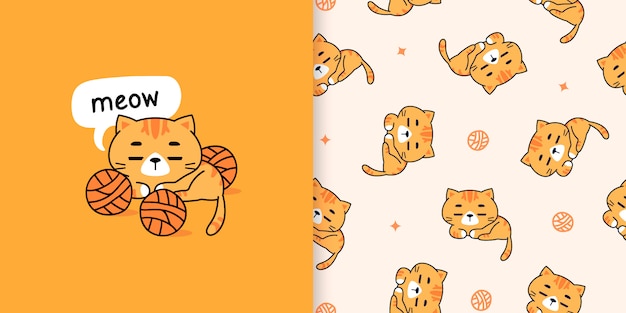 귀여운 손으로 그린 오렌지 고양이 일러스트와 원활한 패턴