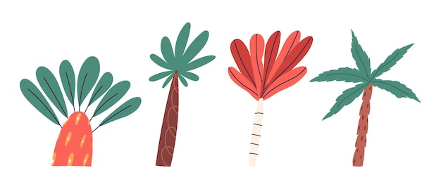 Cute hand drawn palm tree set cartoon flat vector illustration isolated on white background