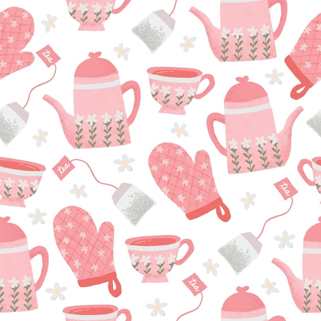 Cute hand drawn pastel peach pattern seamless tea set for background and fabric