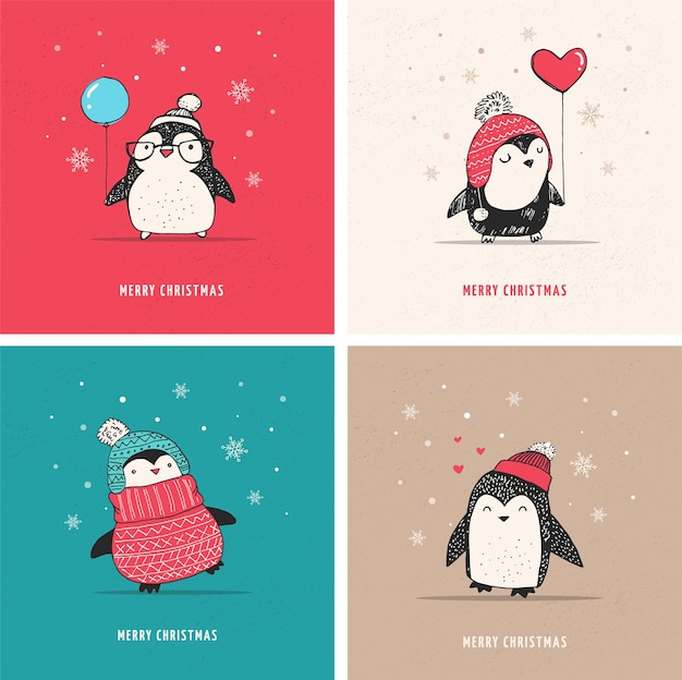 Set di pinguini disegnati a mano carino - auguri di buon natale