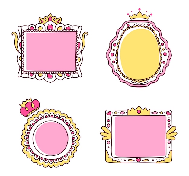 Vector cute hand drawn pink princess frames mirror border with crown or tiara for royal family girlish photo frame for baby or child oval square and circle shaped framework isolated vector set