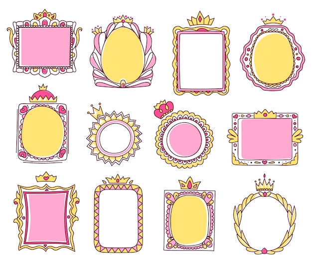 Simpatiche cornici da principessa rosa disegnate a mano con corone. cornice per foto o specchio con diadema, bordo scarabocchio femminile per set vettoriale di principesse per bambini. quadro romantico reale con turbinii isolati su bianco