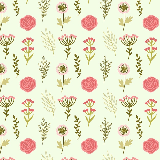 a cute hand drawn pink spring flower and leaf seamless pattern