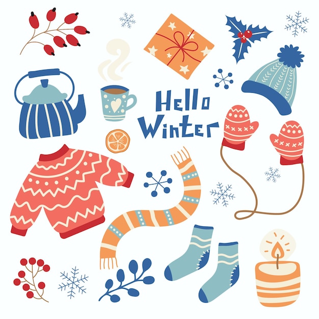 Cute hand drawn poster with warm winter elements sweater tea and warm socks Hello winter