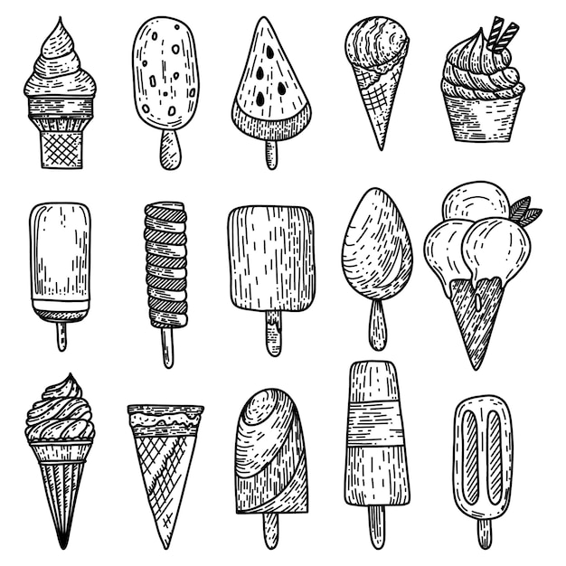 Cute hand drawn print, card or poster. ice cream with smiling faces. sketch flat ice cream in waffle