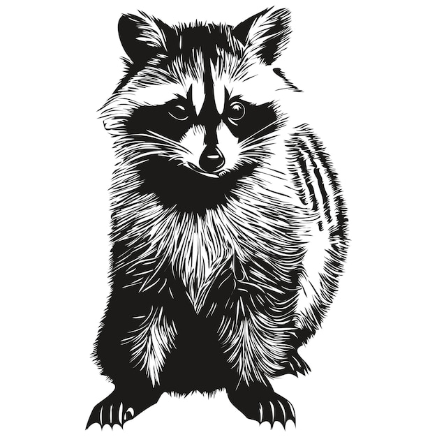 Vector cute hand drawn raccoon vector illustration black and white