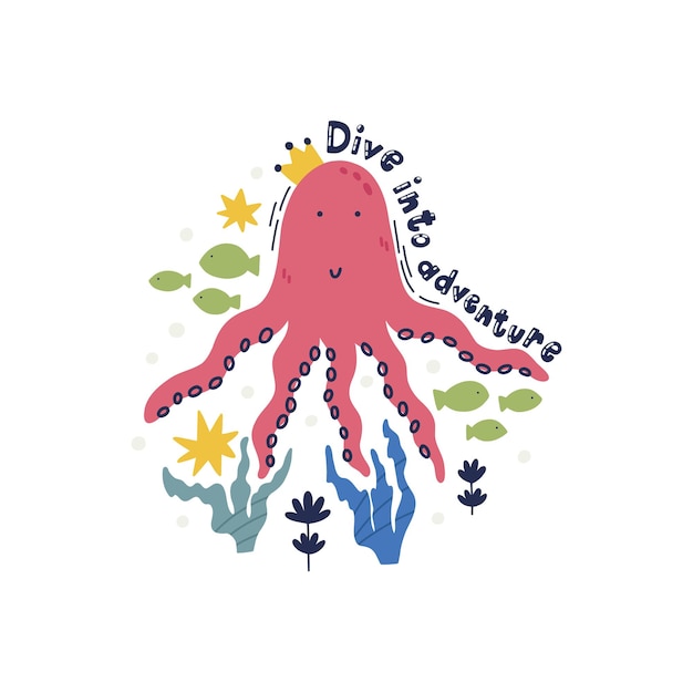 Cute hand drawn sea animal character octopus